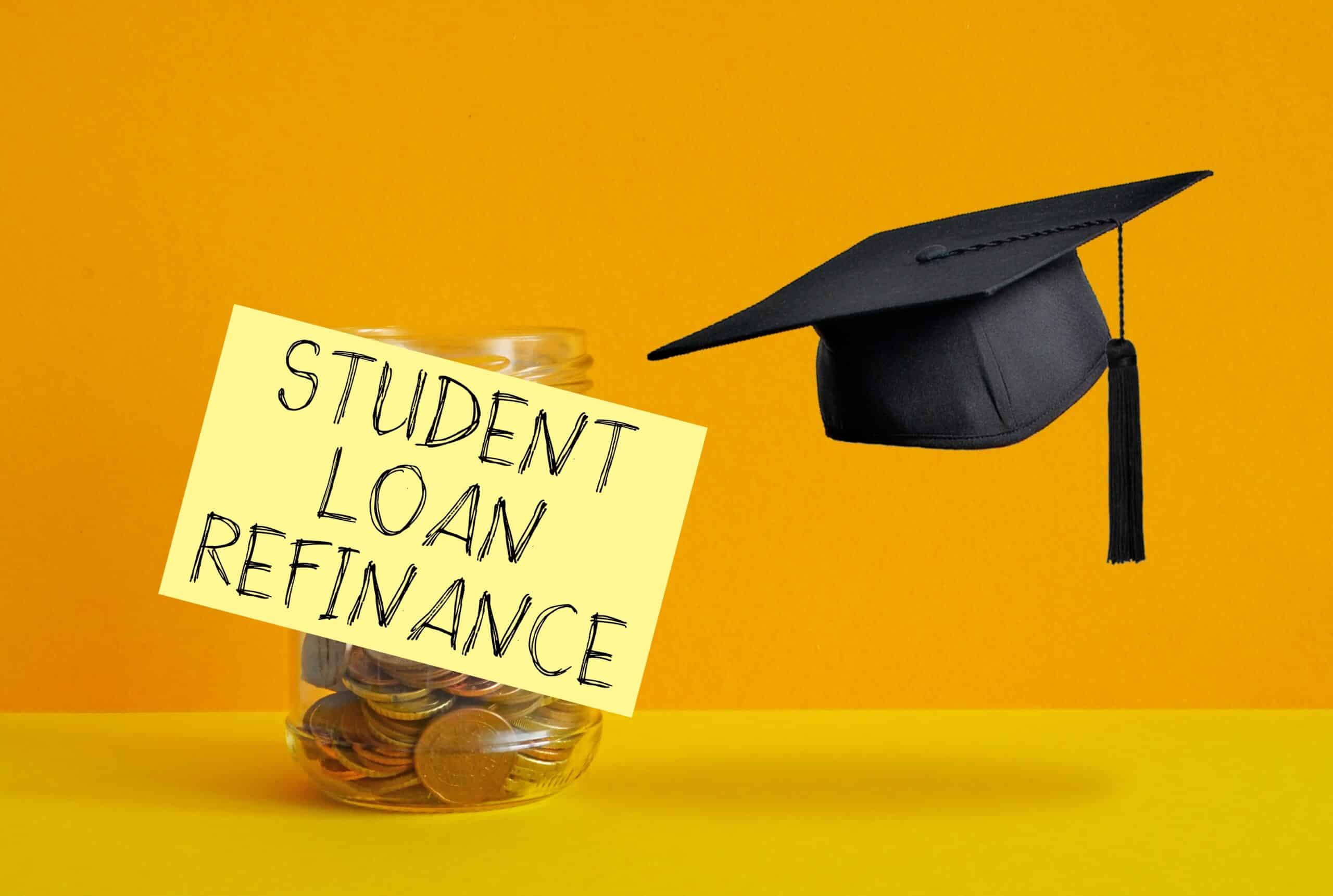 Graduation cap next to jar of coins with a sticky note reading student loan refinance
