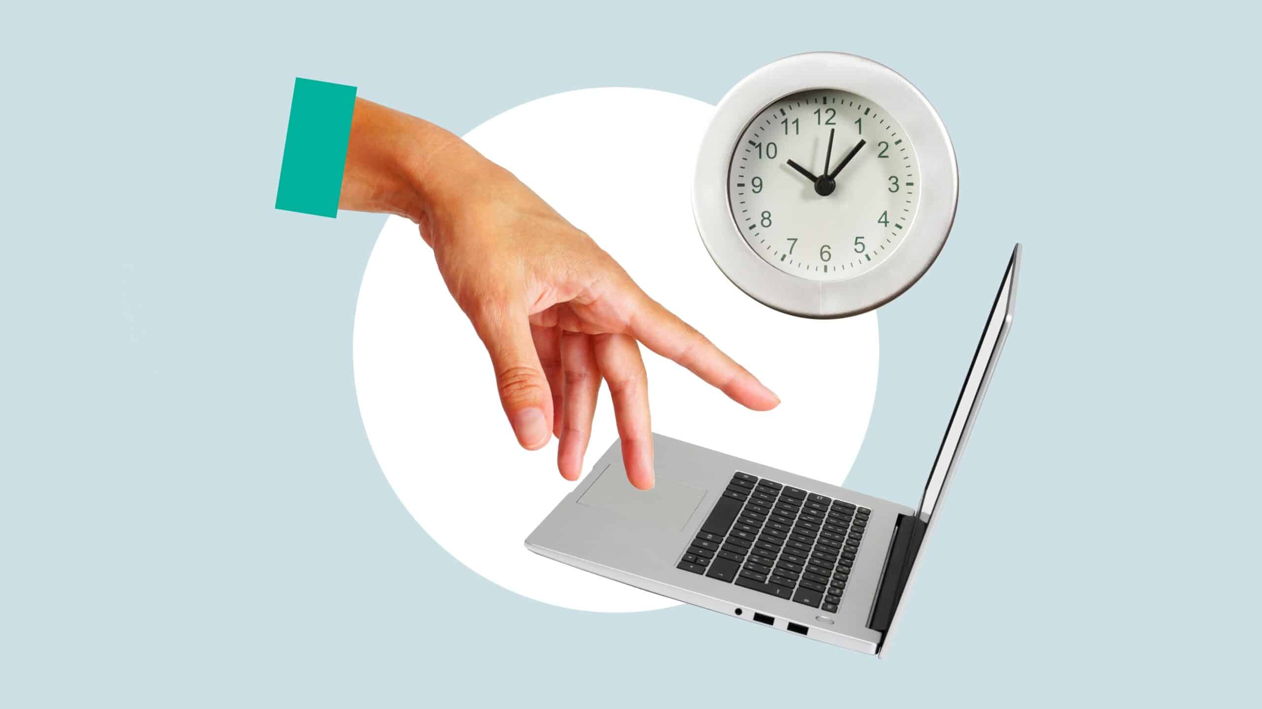 Clock, hand, and laptop, on blue background with white circle.