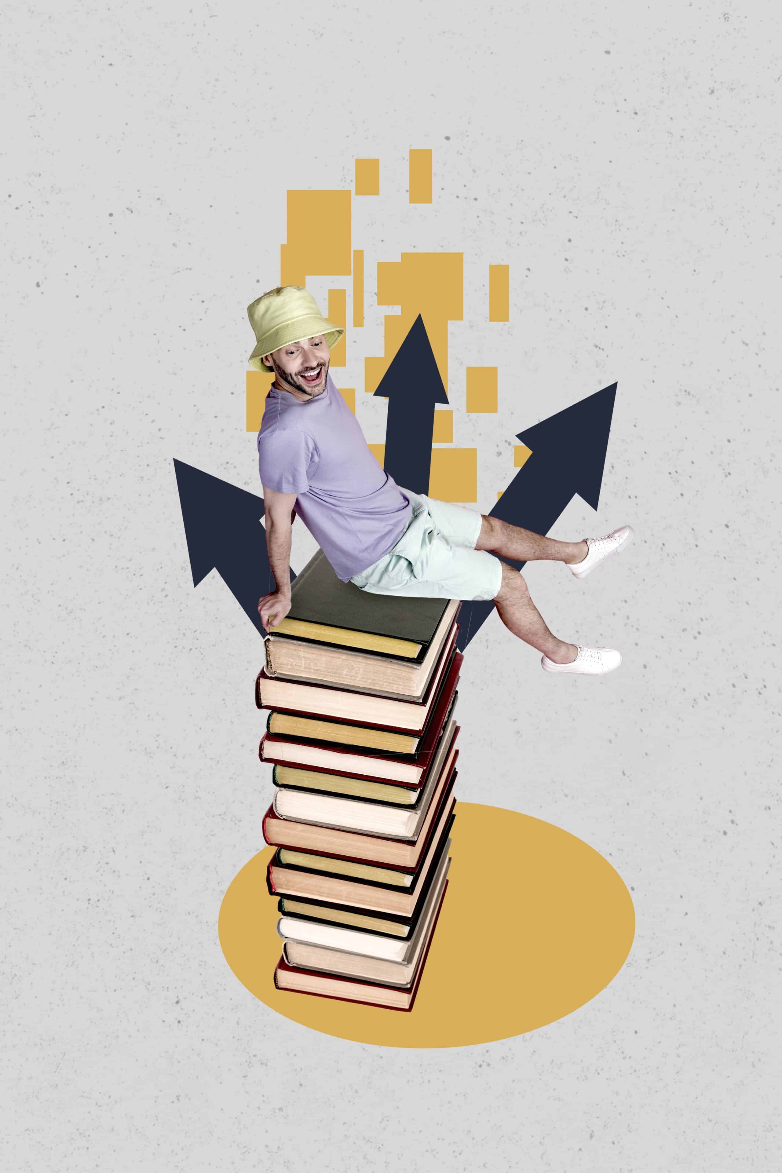 Make college student happily sitting atop a large stack of books on a yellow graphic background with arrows pointing upward.